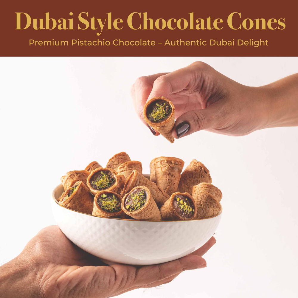 Leonessa Dubai chocolate cones in hand showcasing elegant form