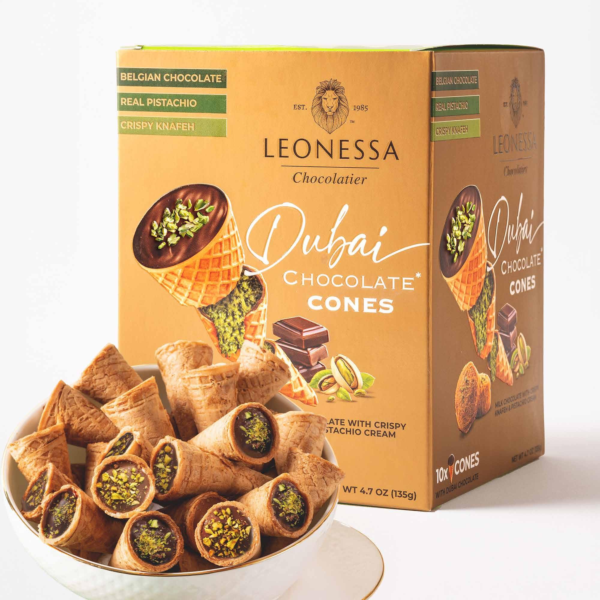 Leonessa Dubai chocolate cones with pistachio kunafa in premium packaging for gifting