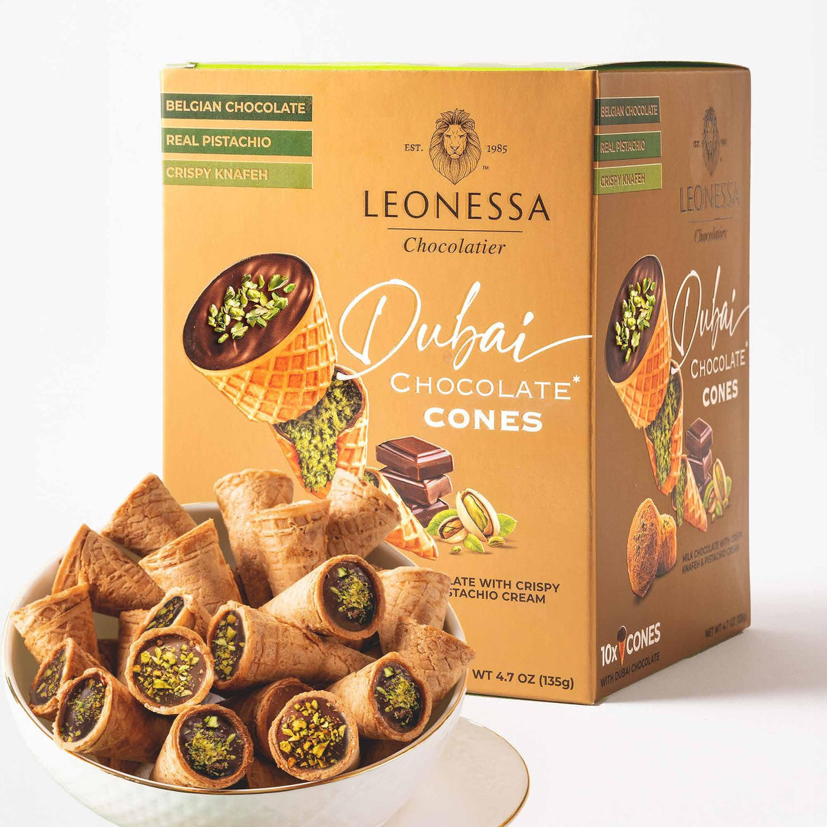 Leonessa Dubai chocolate cones with pistachio kunafa in premium packaging for gifting