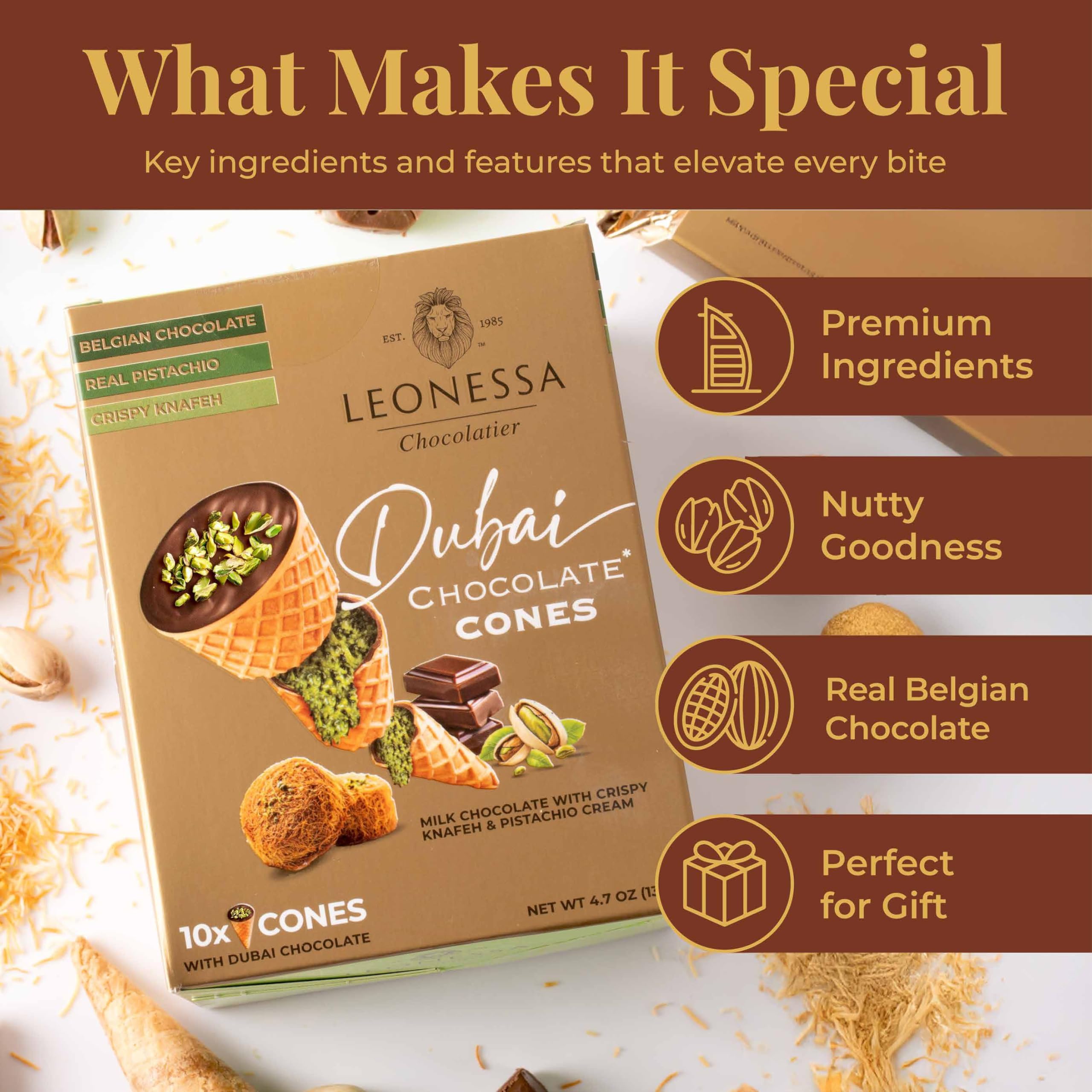 Leonessa Dubai chocolate cones on a tray display for sharing