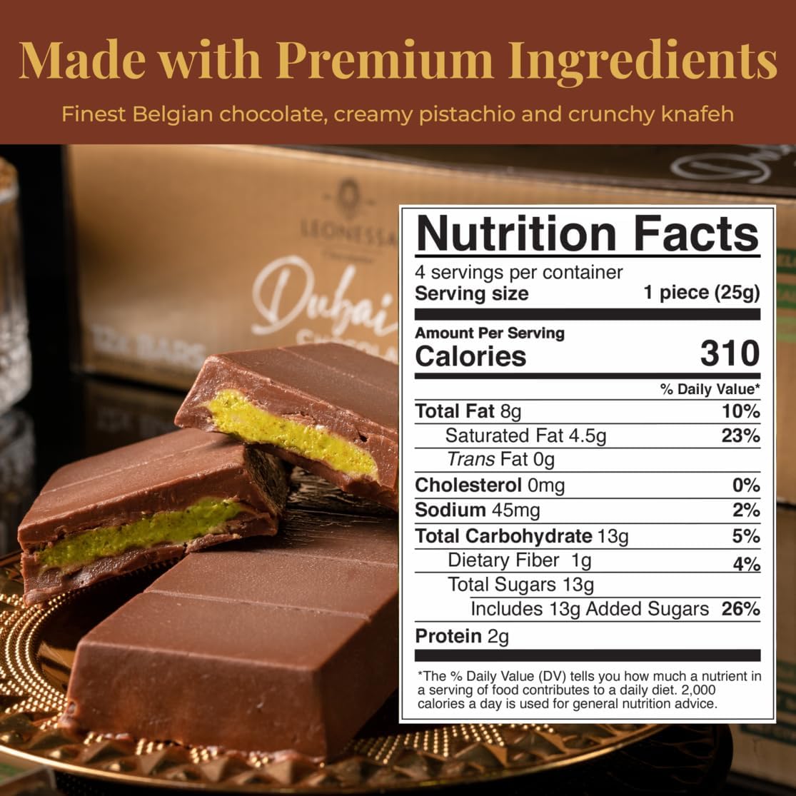 Leonessa Dubai pistachio-bar-closeup showcases creamy Belgian chocolate with crunchy pistachios.