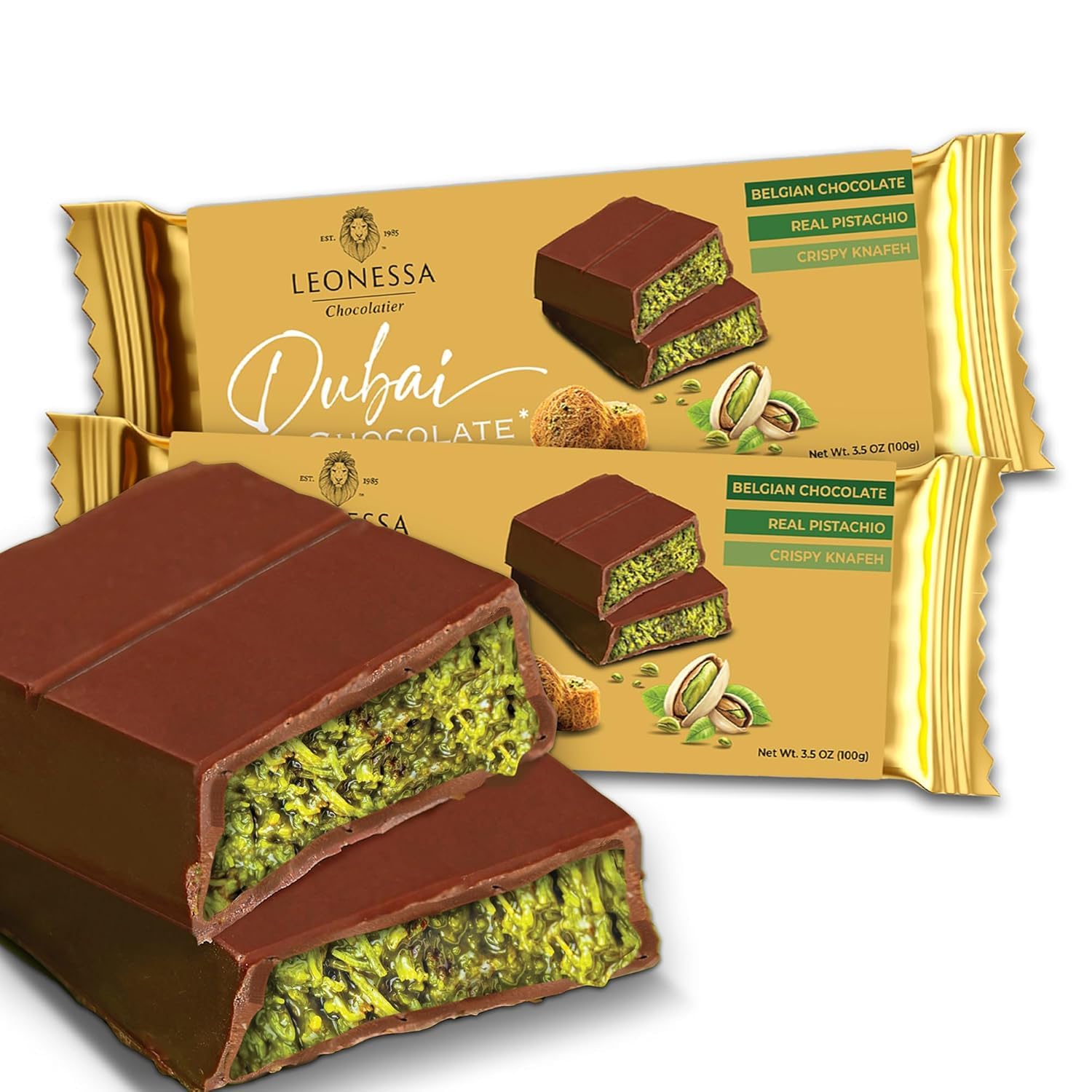 Leonessa Dubai pistachio-bar-kit-pack highlights premium ingredients for a luxurious, nutty snack.