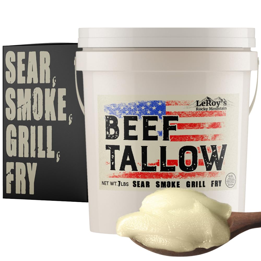 LeRoy’s Rocky Mountain Beef Tallow bucket front showing durable packaging for freshness