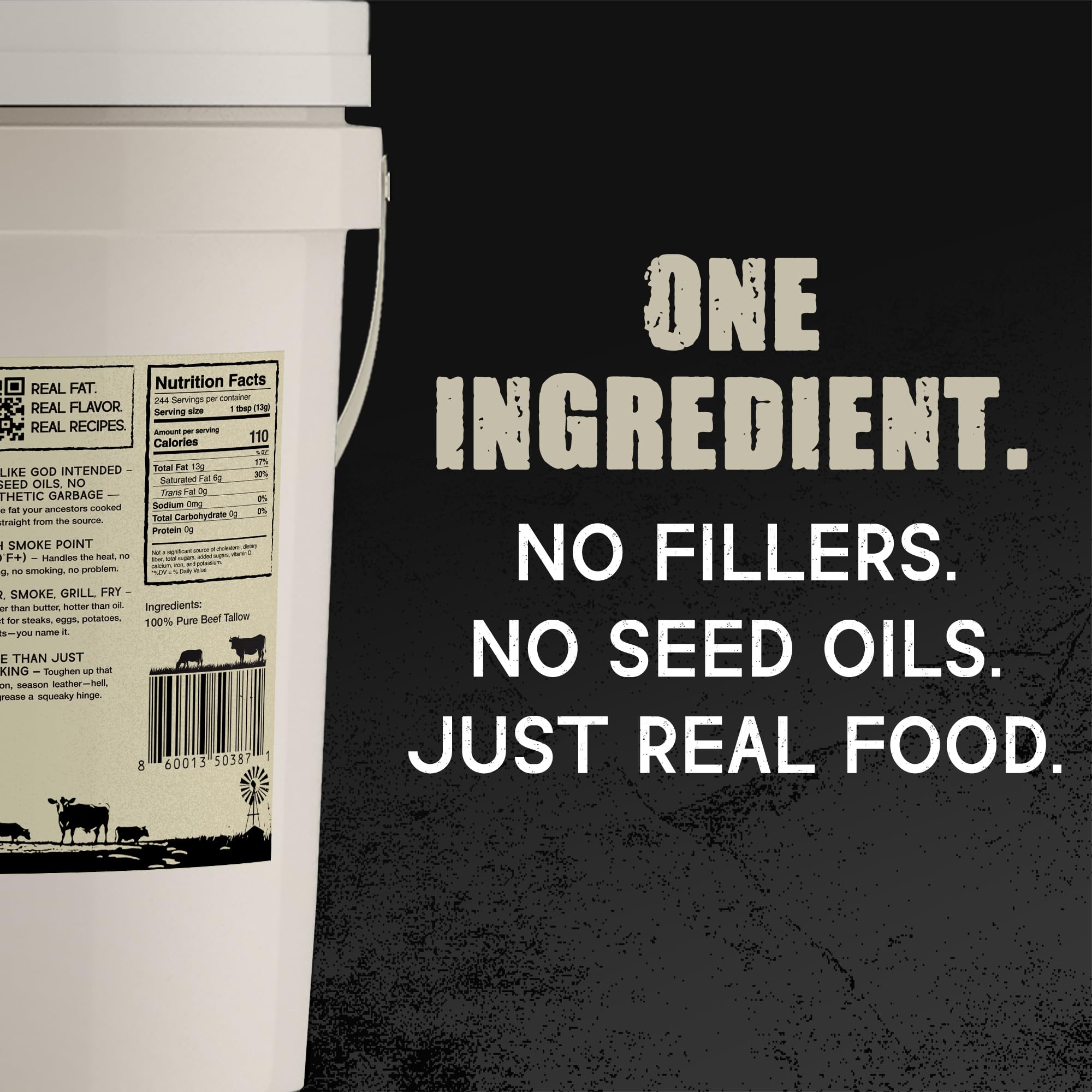 Brand label close-up on LeRoy’s tallow bucket highlighting 100% beef fat