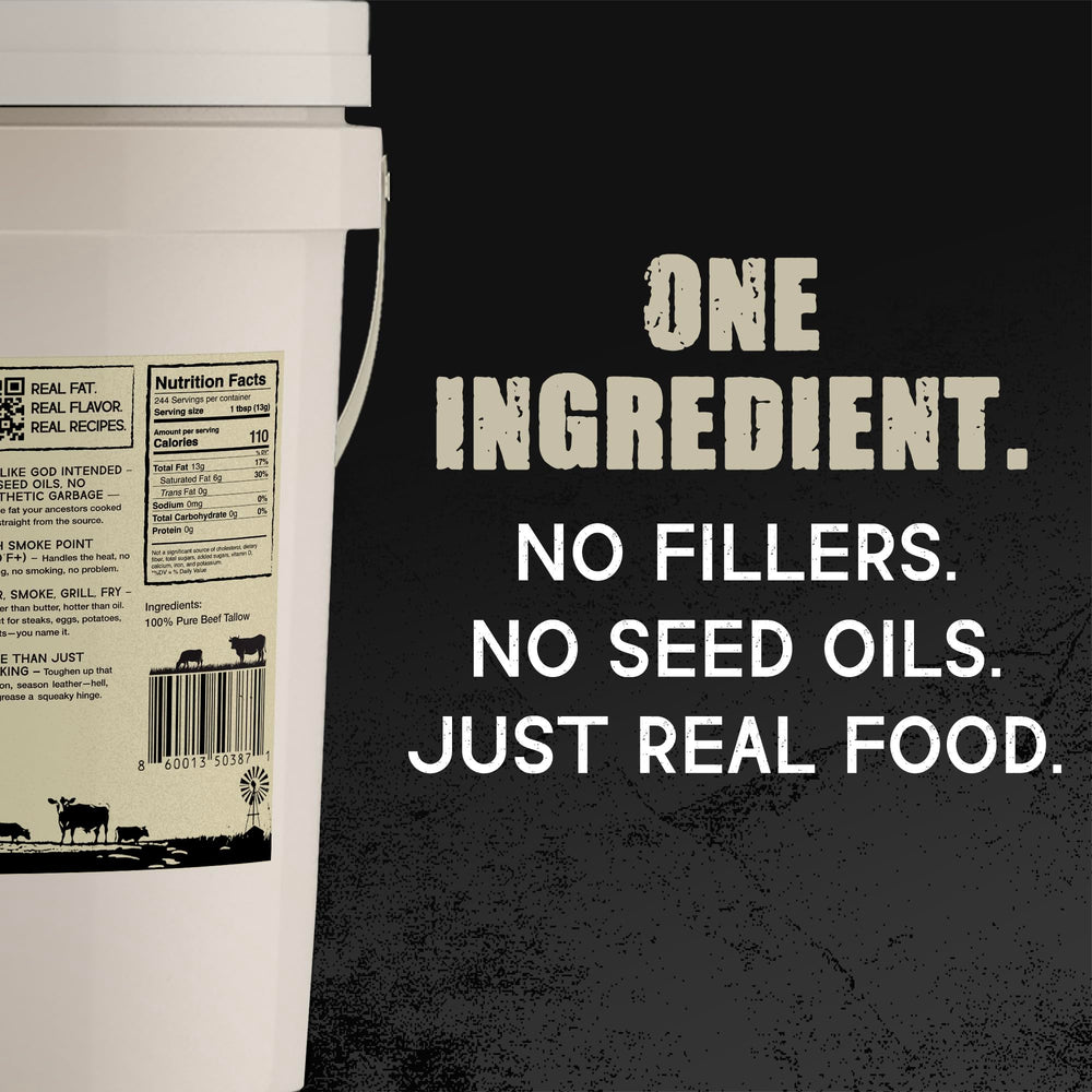 Brand label close-up on LeRoy’s tallow bucket highlighting 100% beef fat