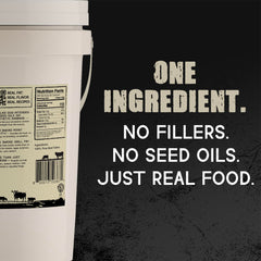 Brand label close-up on LeRoy’s tallow bucket highlighting 100% beef fat