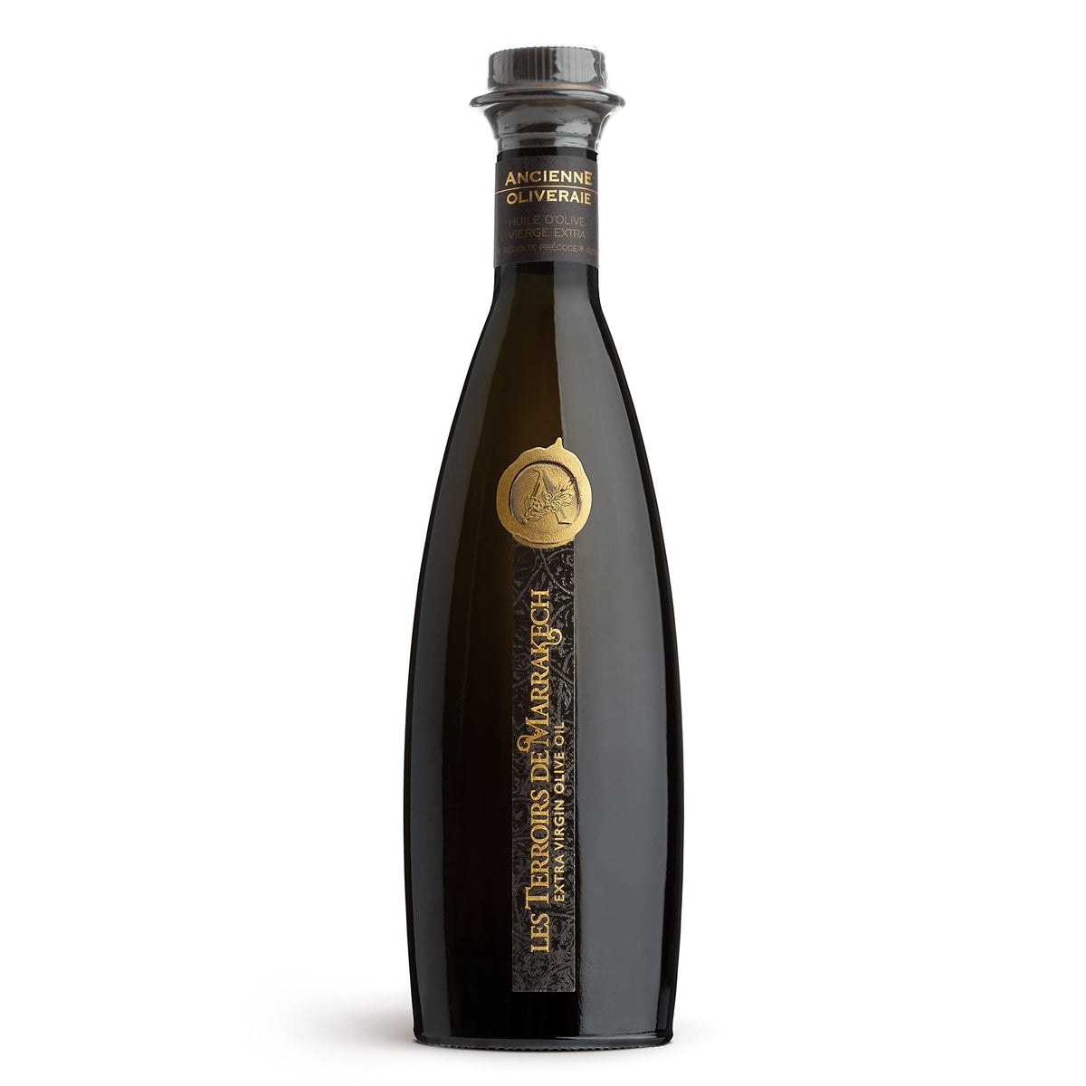 Les Terroirs De Marrakech bottle glass olive oil shows elegant packaging and premium quality.