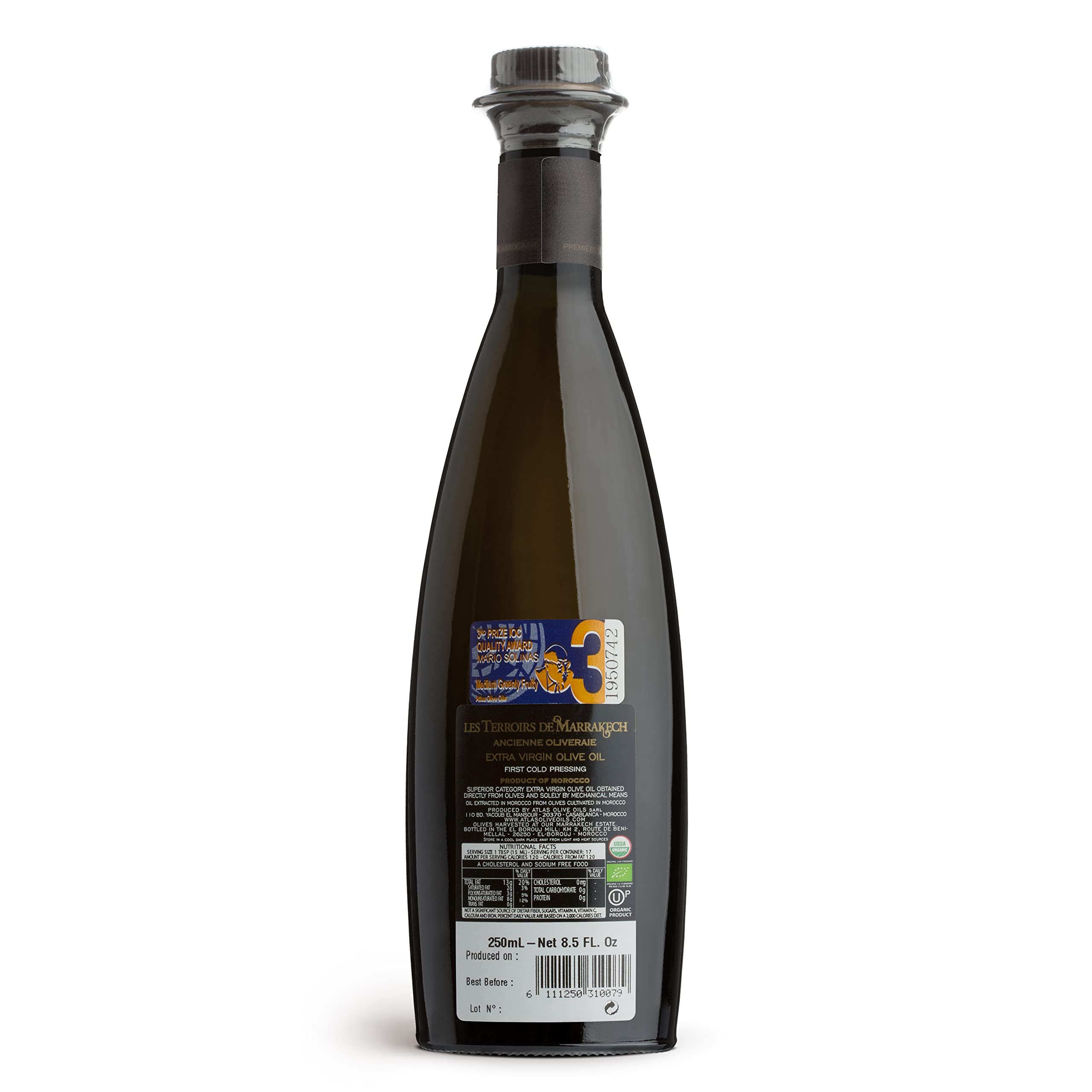 Les Terroirs De Marrakech label closeup highlights authentic origin and brand quality.