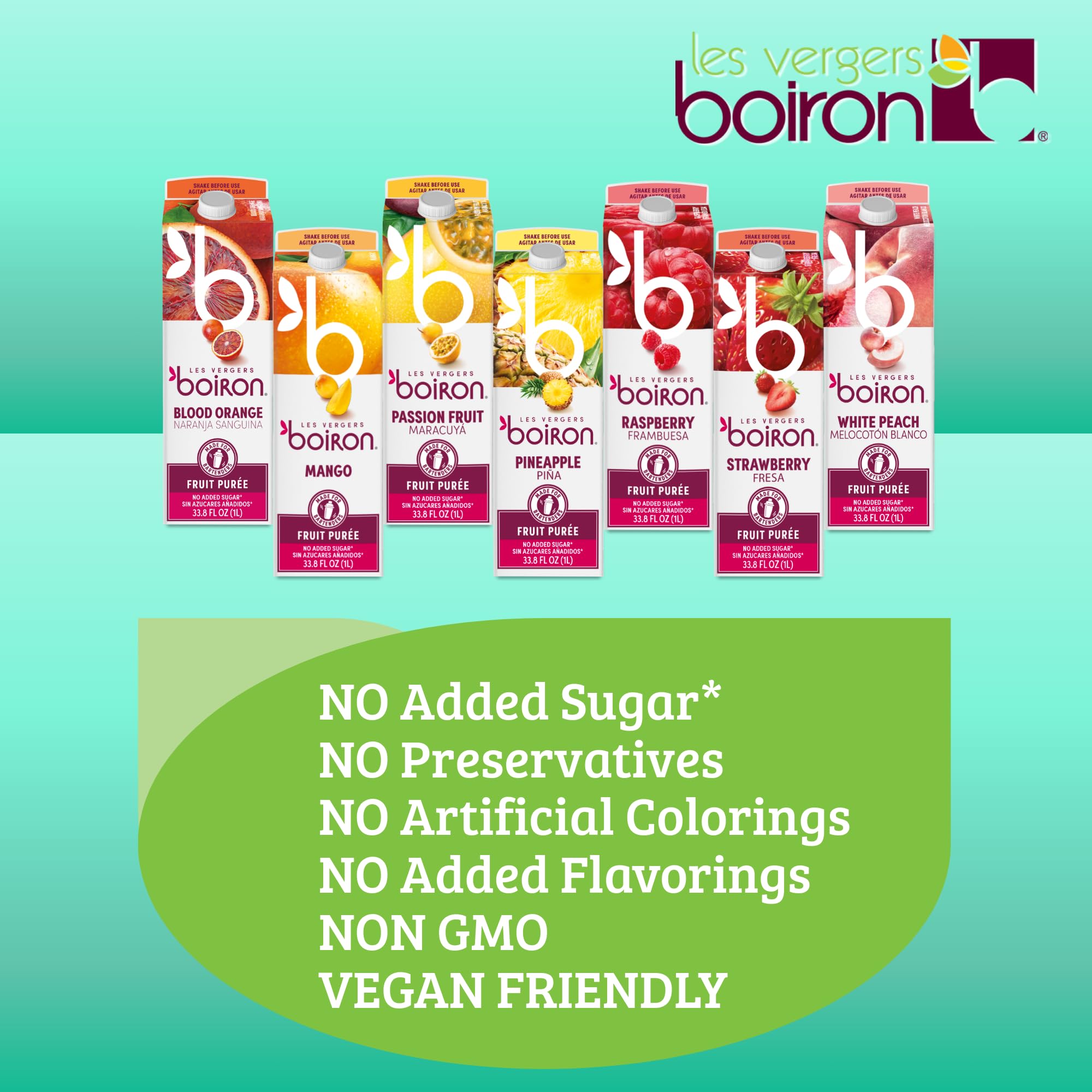 One-liter Les Vergers Boiron packaging shown for consistent portions in foodservice.