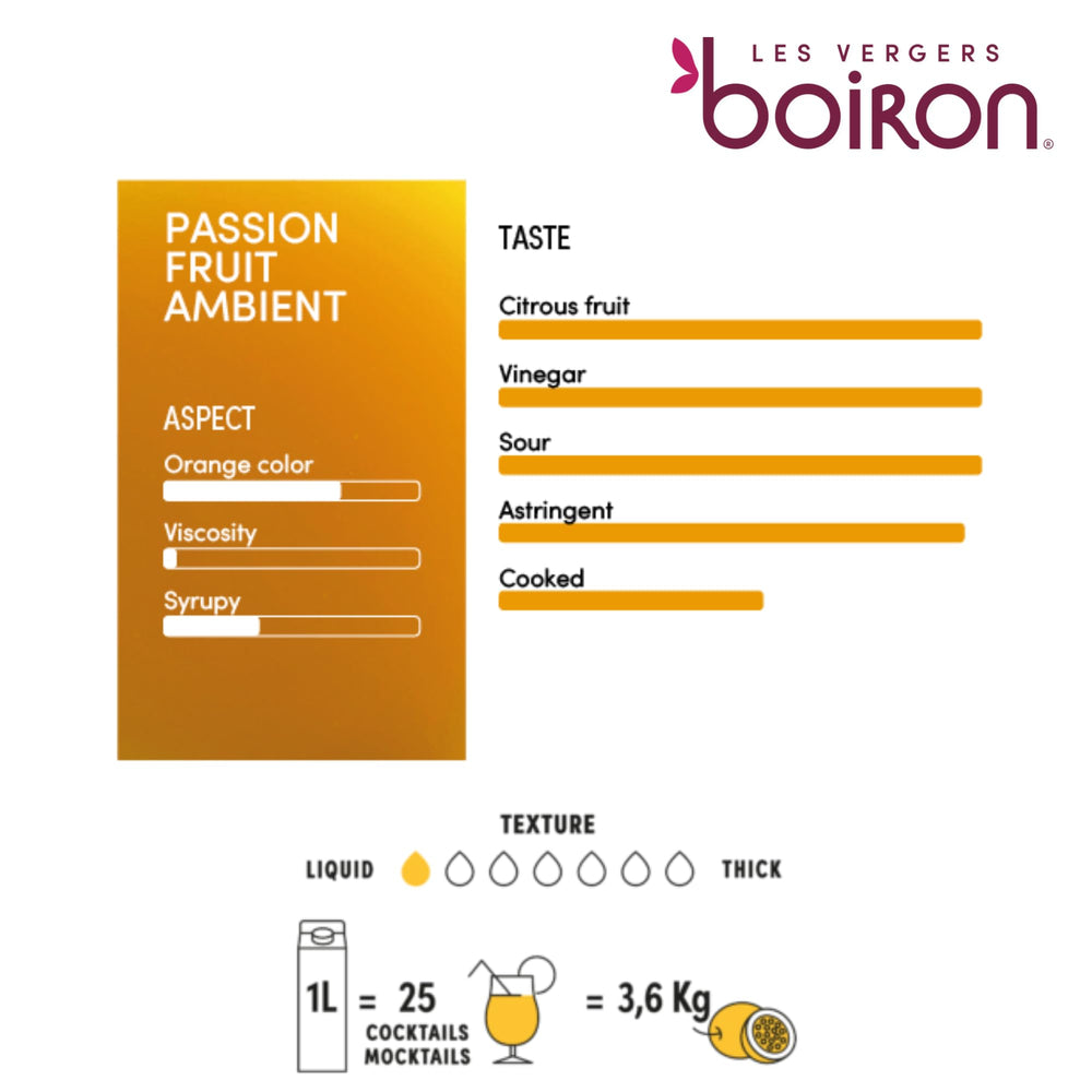 Pouring Les Vergers Boiron passion fruit puree into a glass for cocktails.