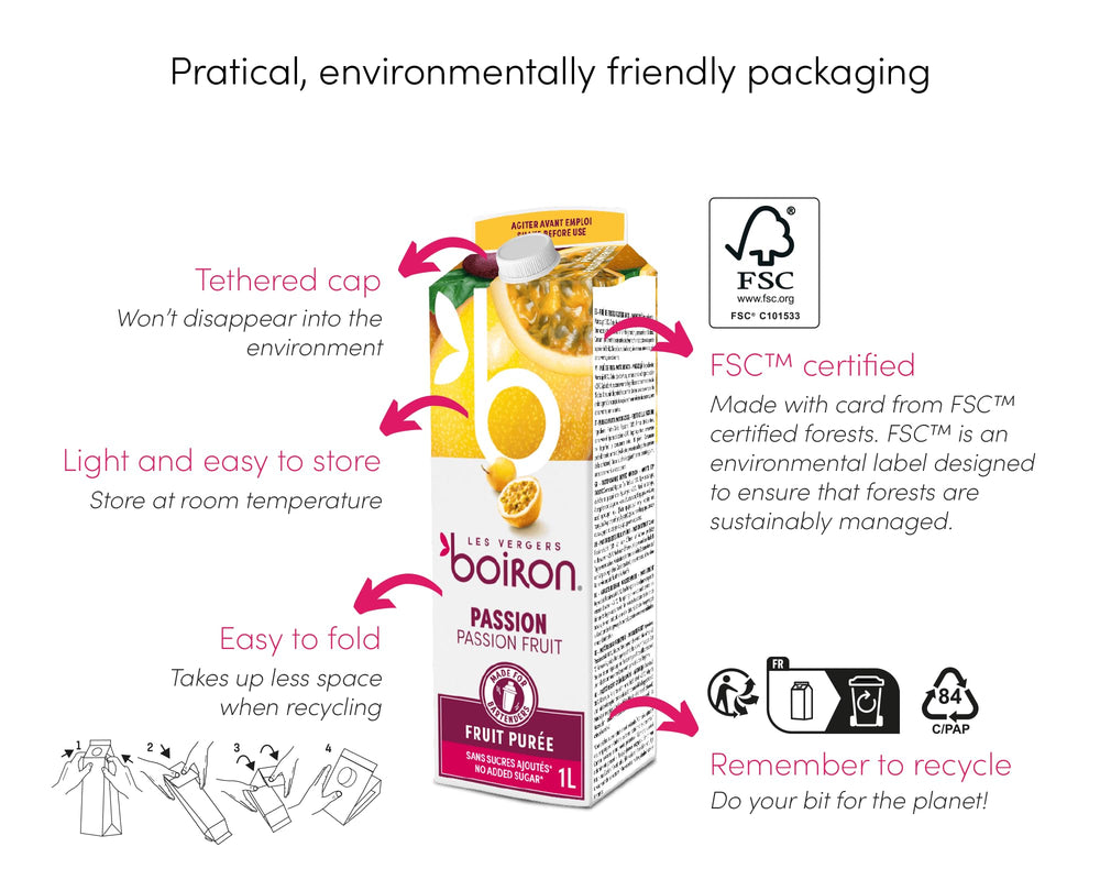 Room-temperature storage setup featuring Les Vergers Boiron packaging for quick access.