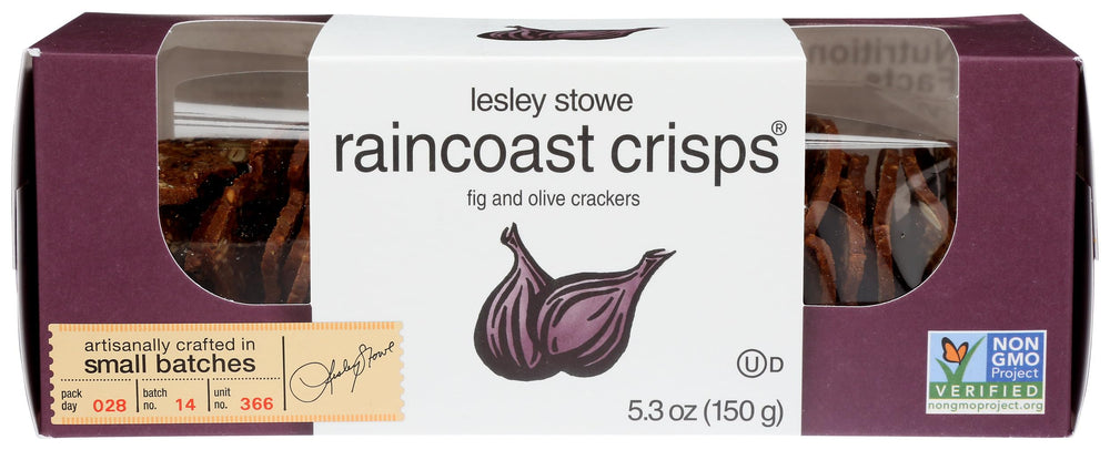 Lesley Stowe Raincoast Crisps Fig Olive pack, ideal for pairing with soft cheeses