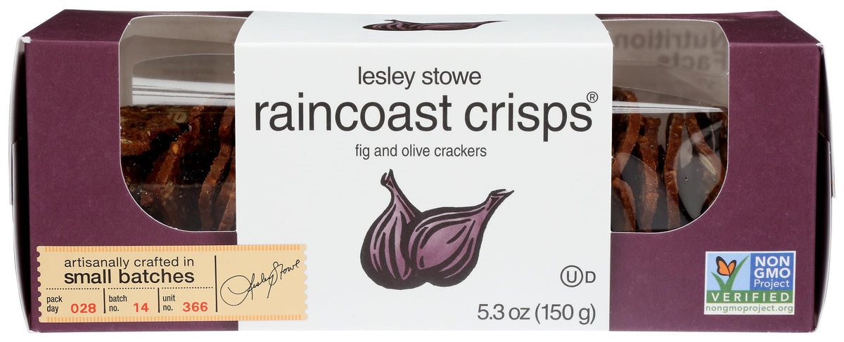 Lesley Stowe Raincoast Crisps Fig Olive pack, ideal for pairing with soft cheeses