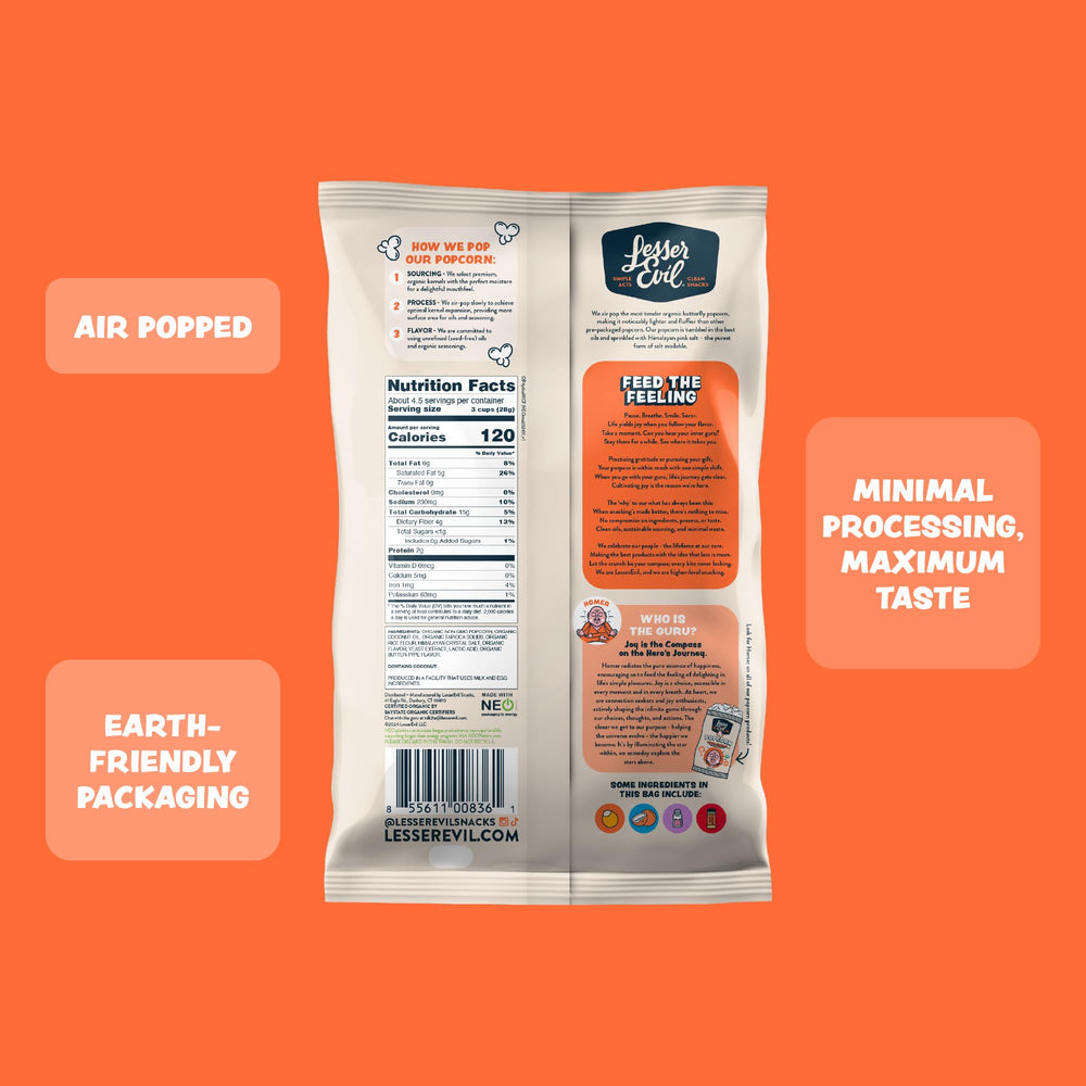 Lesserevil No Cheese Cheesiness popcorn uses organic ingredients and minimal processing.