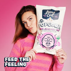 Lesserevil coconut oil-dusted Himalayan pink salt enhances simple popcorn flavor.
