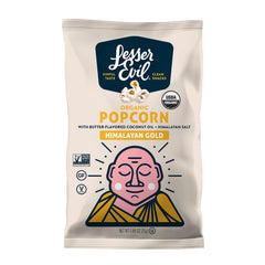Lesserevil Himalayan Gold popcorn bag shows organic, light-crunch snacking on the go