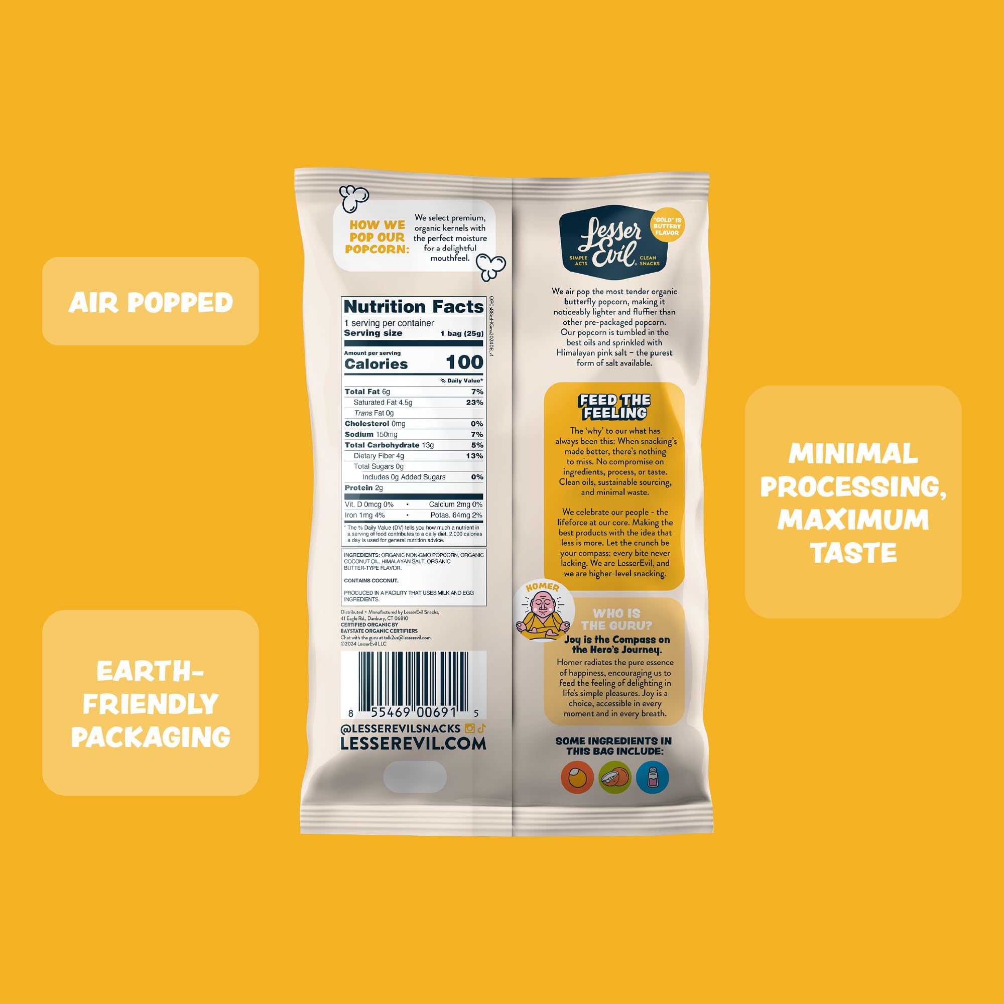 Ingredient list for LesserEvil Himalayan Gold Salt Organic Popcorn highlights simple organic components