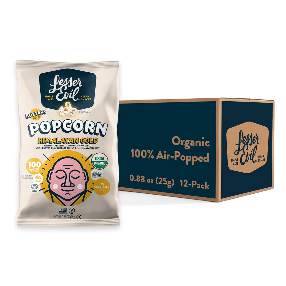 Lesserevil Himalayan Gold Salt Organic Popcorn packaging showing a 12-pack format for convenient snacking