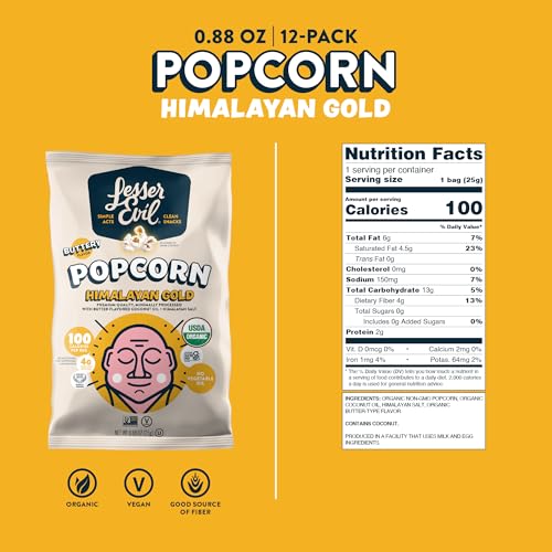 Lesserevil Himalayan Gold Salt Organic Popcorn serving bag displayed for quick on-the-go snacking