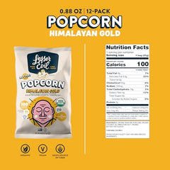 Lesserevil Himalayan Gold Salt Organic Popcorn serving bag displayed for quick on-the-go snacking