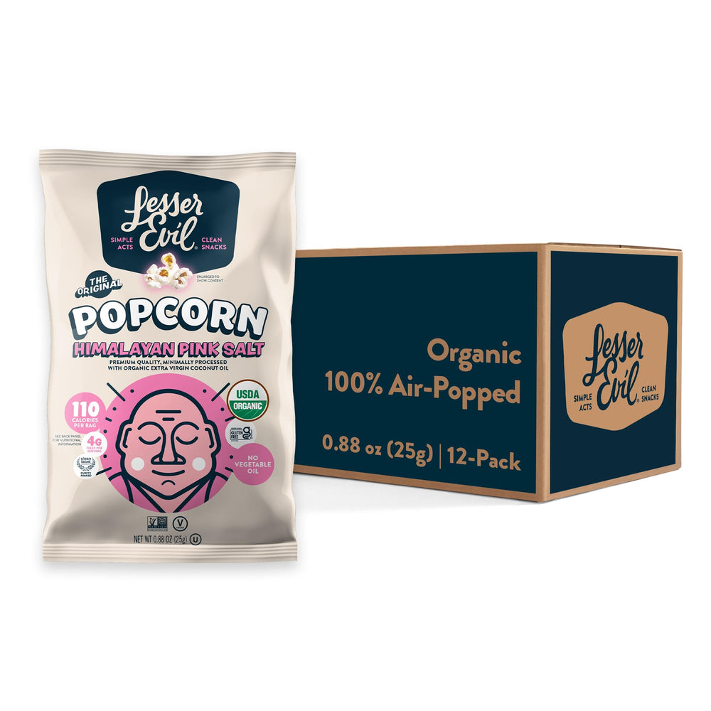 Lesserevil Himalayan pink salt popcorn bag highlighting light, airy texture.