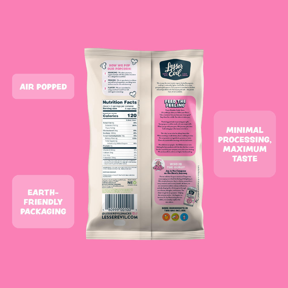 LesserEvil Himalayan pink salt sprinkle highlights gourmet seasoning for snacking.