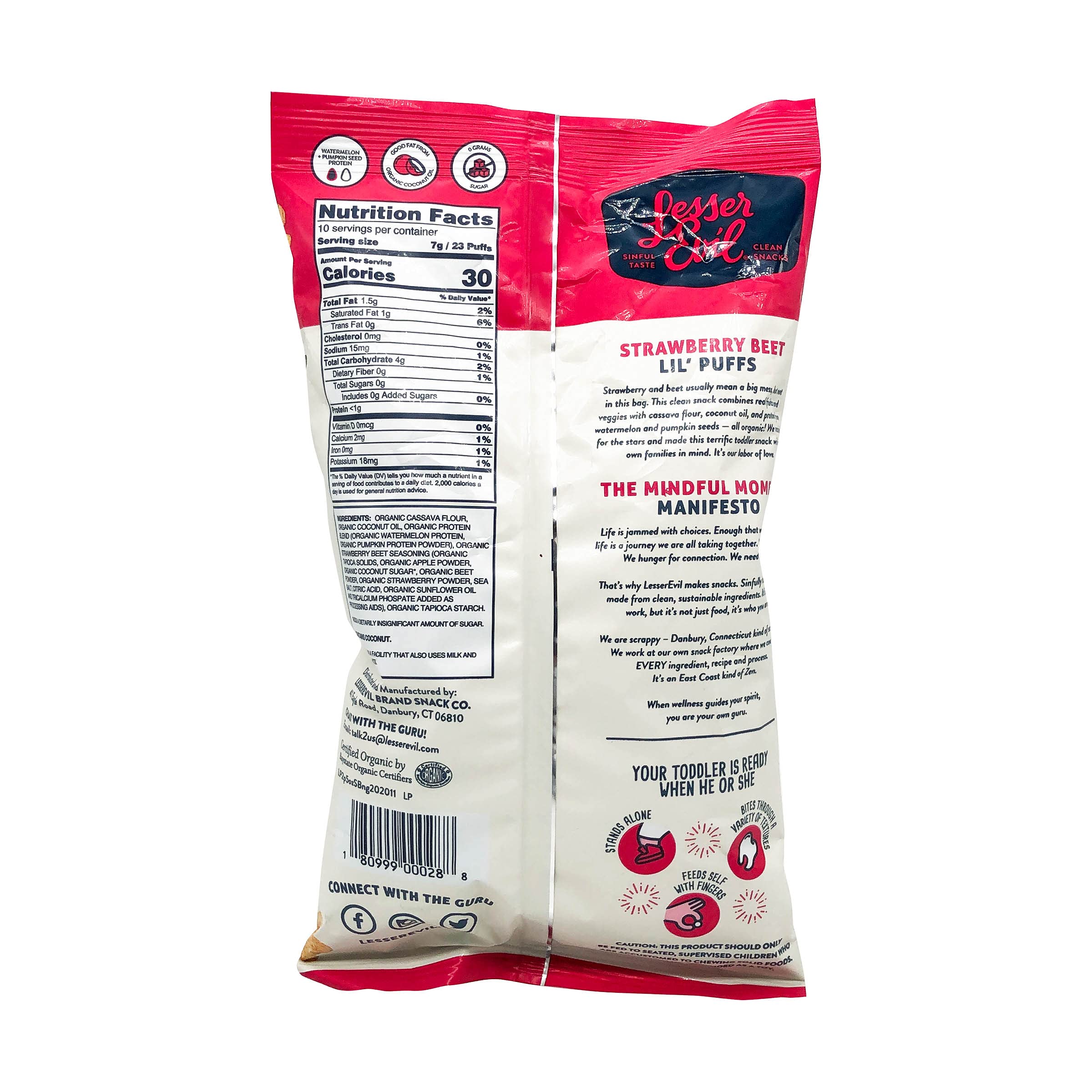 Lesserevil Lil' Puffs bag on shelf showcases organic, grain-free options.