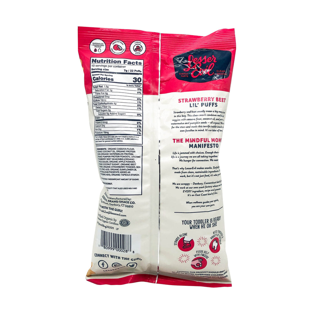 Lesserevil Lil' Puffs bag on shelf showcases organic, grain-free options.