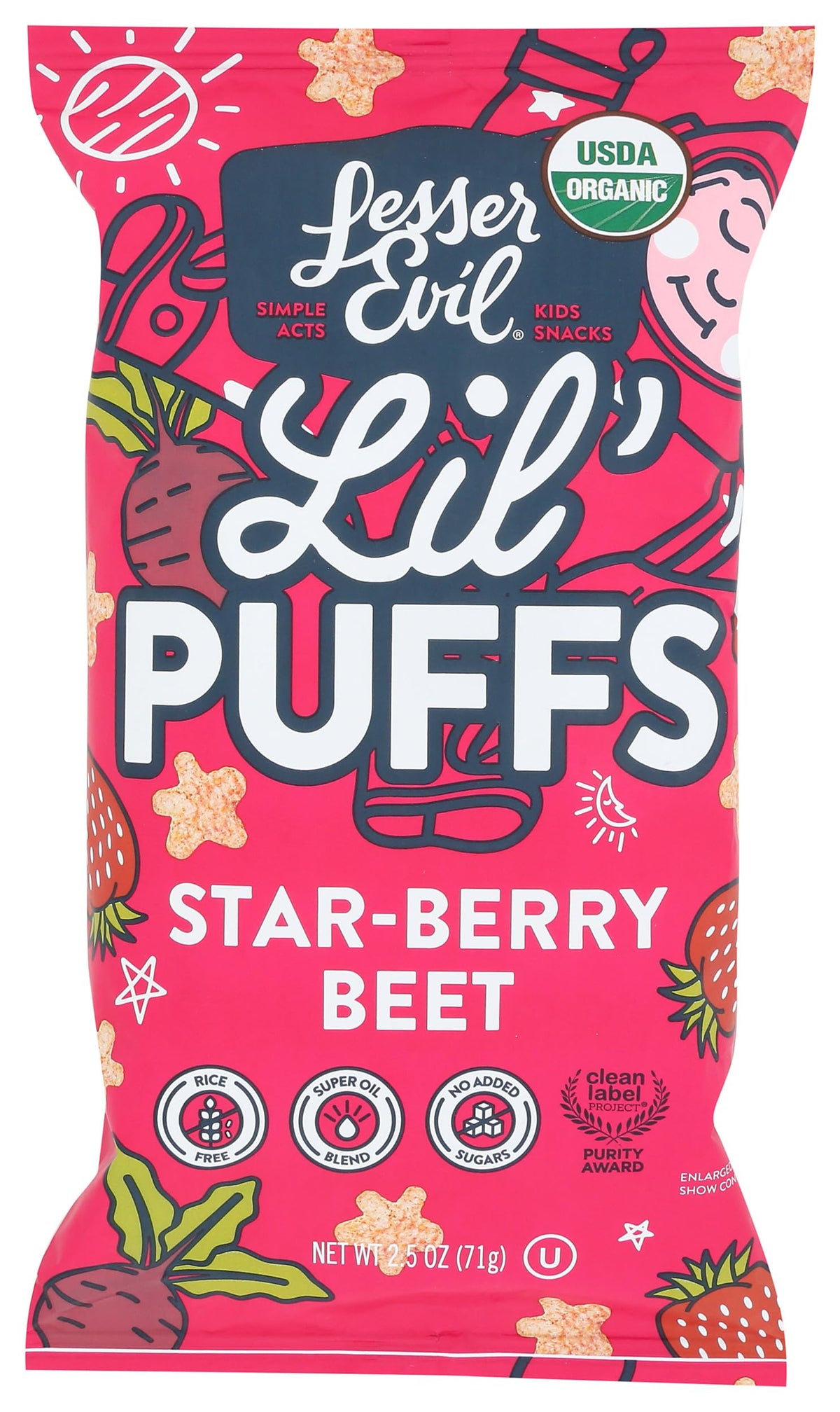 Lesserevil Lil' Puffs bag features real fruit and veggie ingredients for healthier snacking.