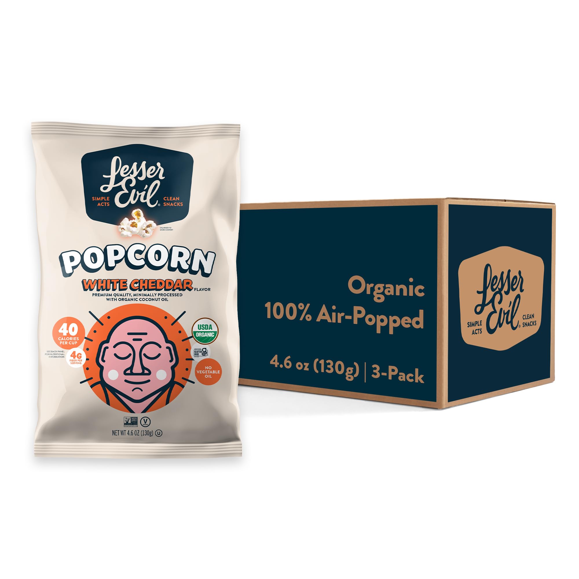 Lesserevil No Cheese Cheesiness popcorn three-pack bags ready for quick snacking.