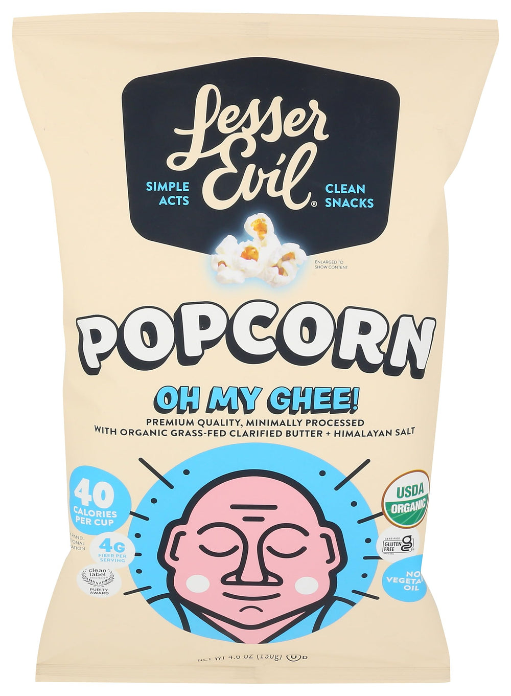 Lesserevil Oh My Ghee popcorn packaging on shelf signals premium organic snacking.