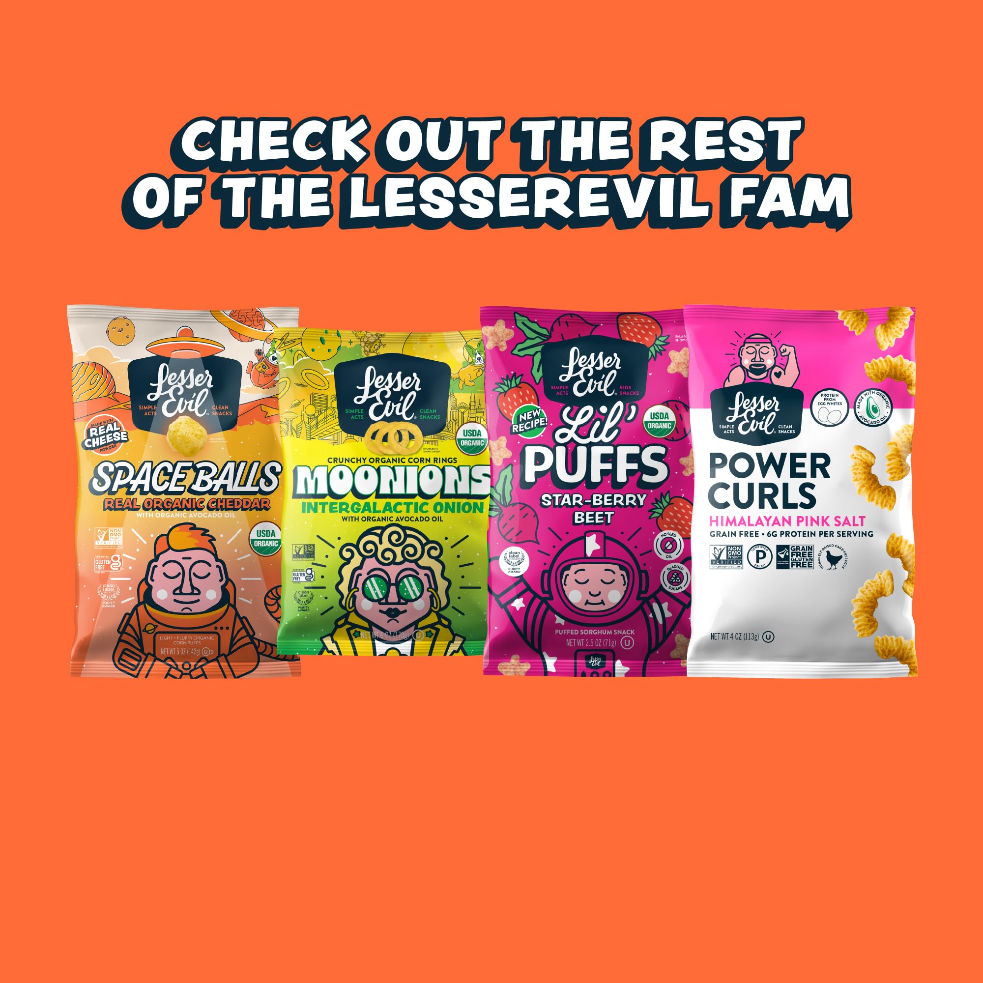 Lesserevil No Cheese Cheesiness popcorn pack promotes clean snacking with vegan appeal.