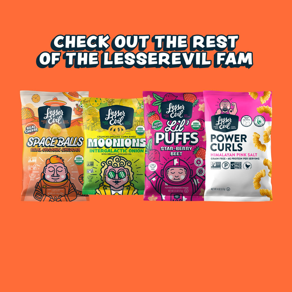 Lesserevil No Cheese Cheesiness popcorn pack promotes clean snacking with vegan appeal.