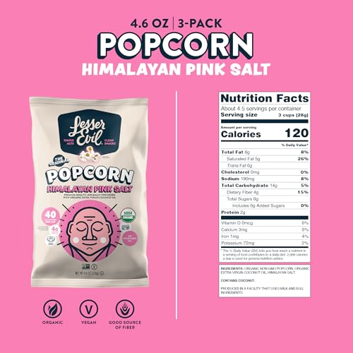 LesserEvil organic popcorn ingredients visible, emphasizing purity and minimal processing.