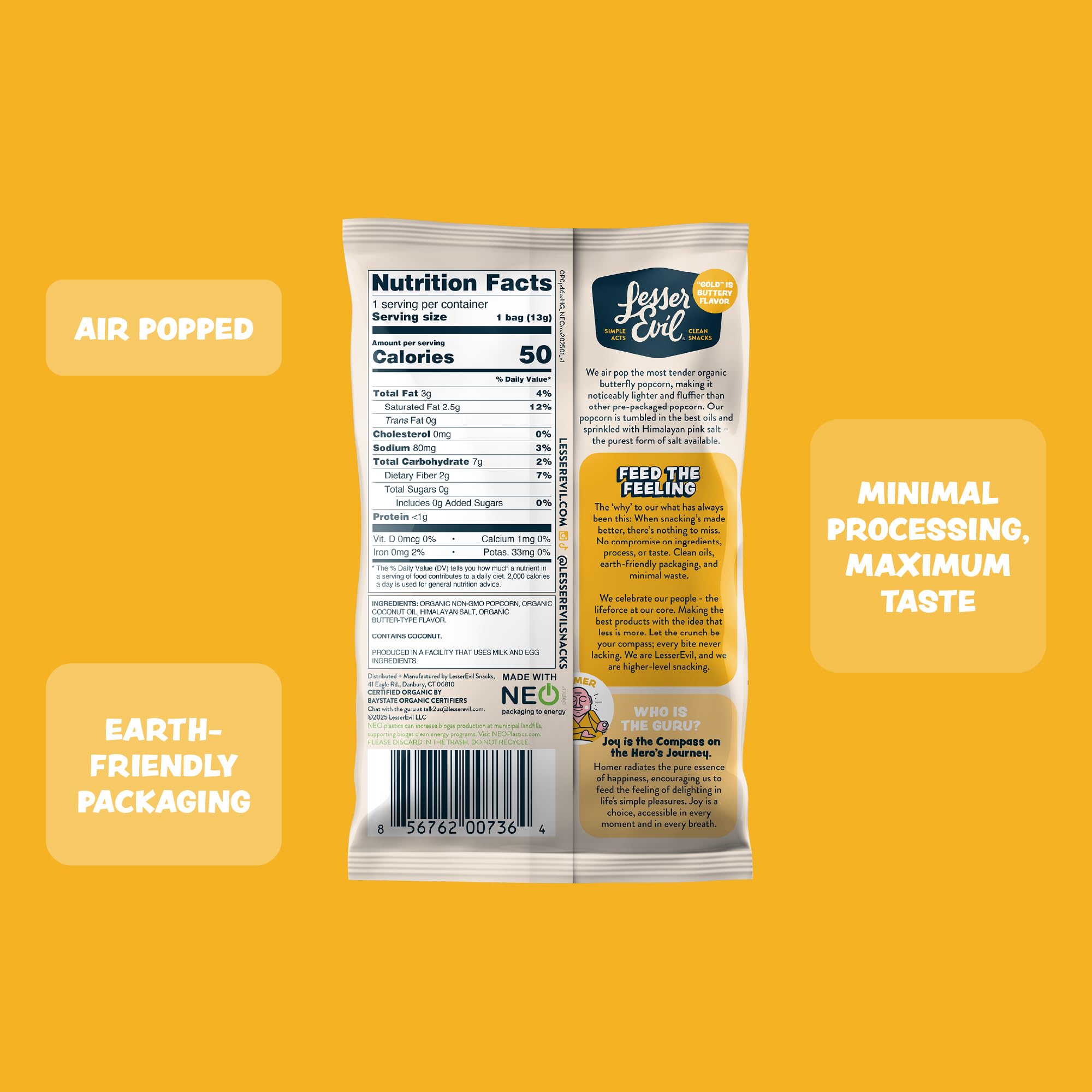 Lesserevil organic popcorn with tender butterfly kernels for fluffy bites.