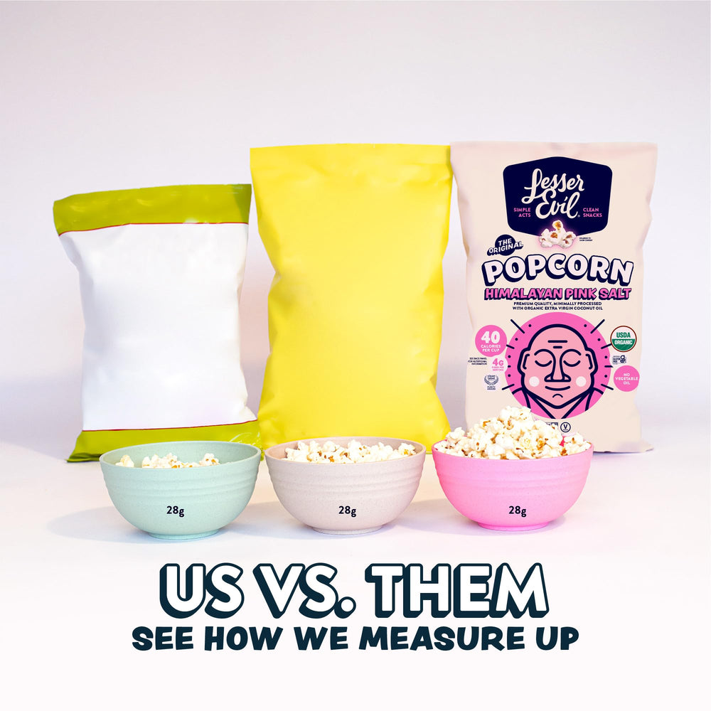 Lesserevil No Cheese Cheesiness popcorn air-popped for a lighter bite.
