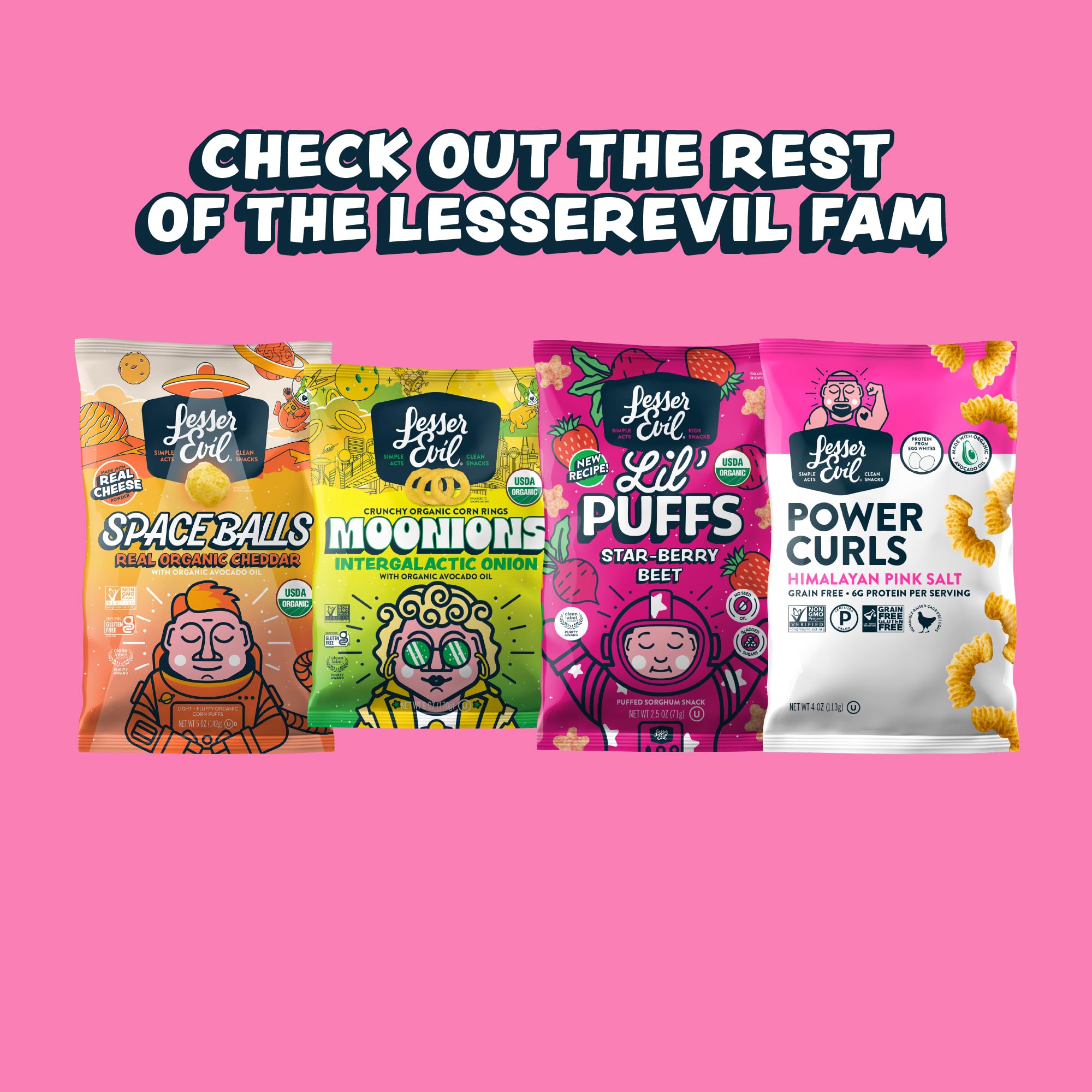 LesserEvil packaging sustainability highlights eco-friendly snack choices.