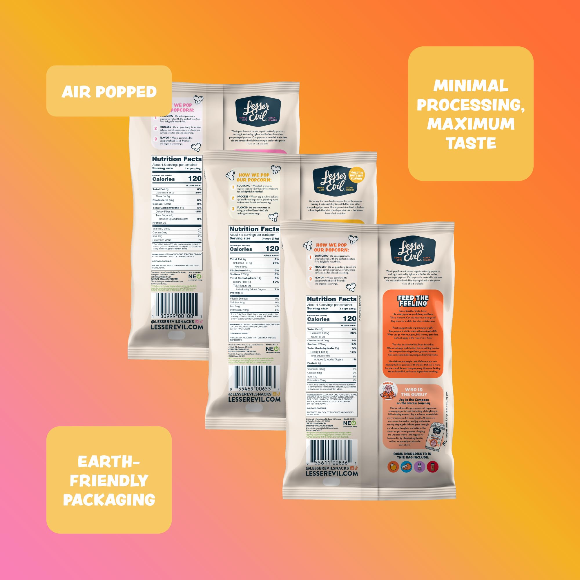 Lesserevil variety pack label highlights organic ingredients and clean snacking