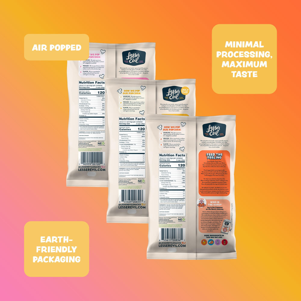 Lesserevil variety pack label highlights organic ingredients and clean snacking