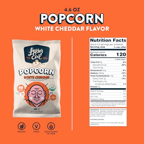 Lesserevil White Cheddar Organic popcorn bowl close-up showing crisp texture.