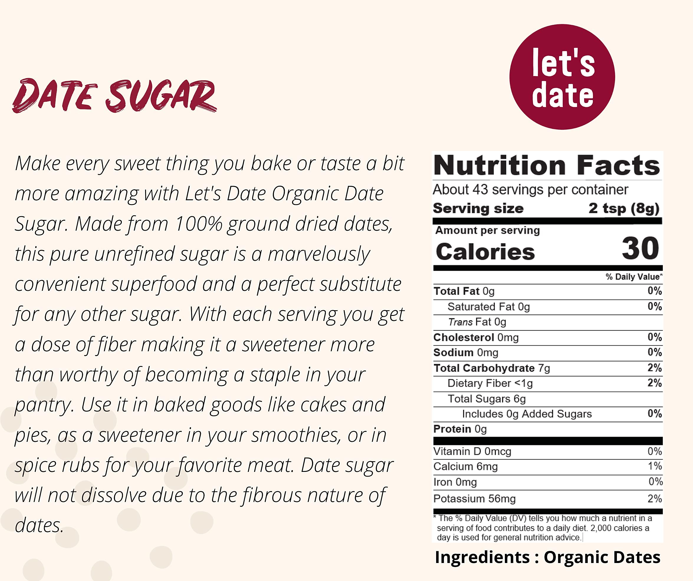 Let’s Date date sugar measuring spoon demonstrates a 1:1 substitution for refined sugar.
