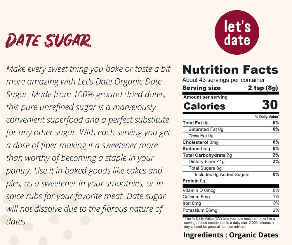 Let’s Date date sugar measuring spoon demonstrates a 1:1 substitution for refined sugar.