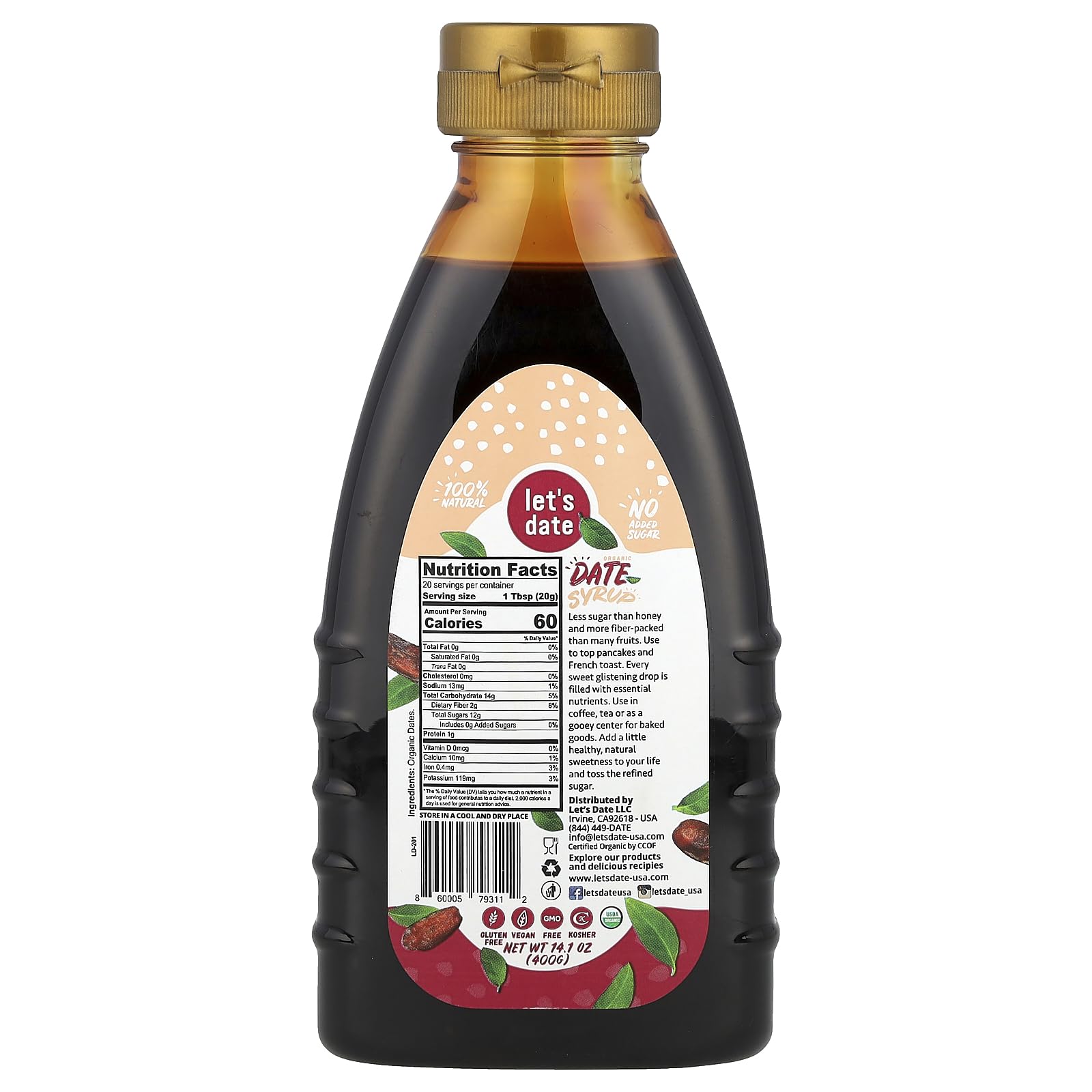 Close-up of Let’s Date date syrup bottle highlighting pure sweetness for desserts