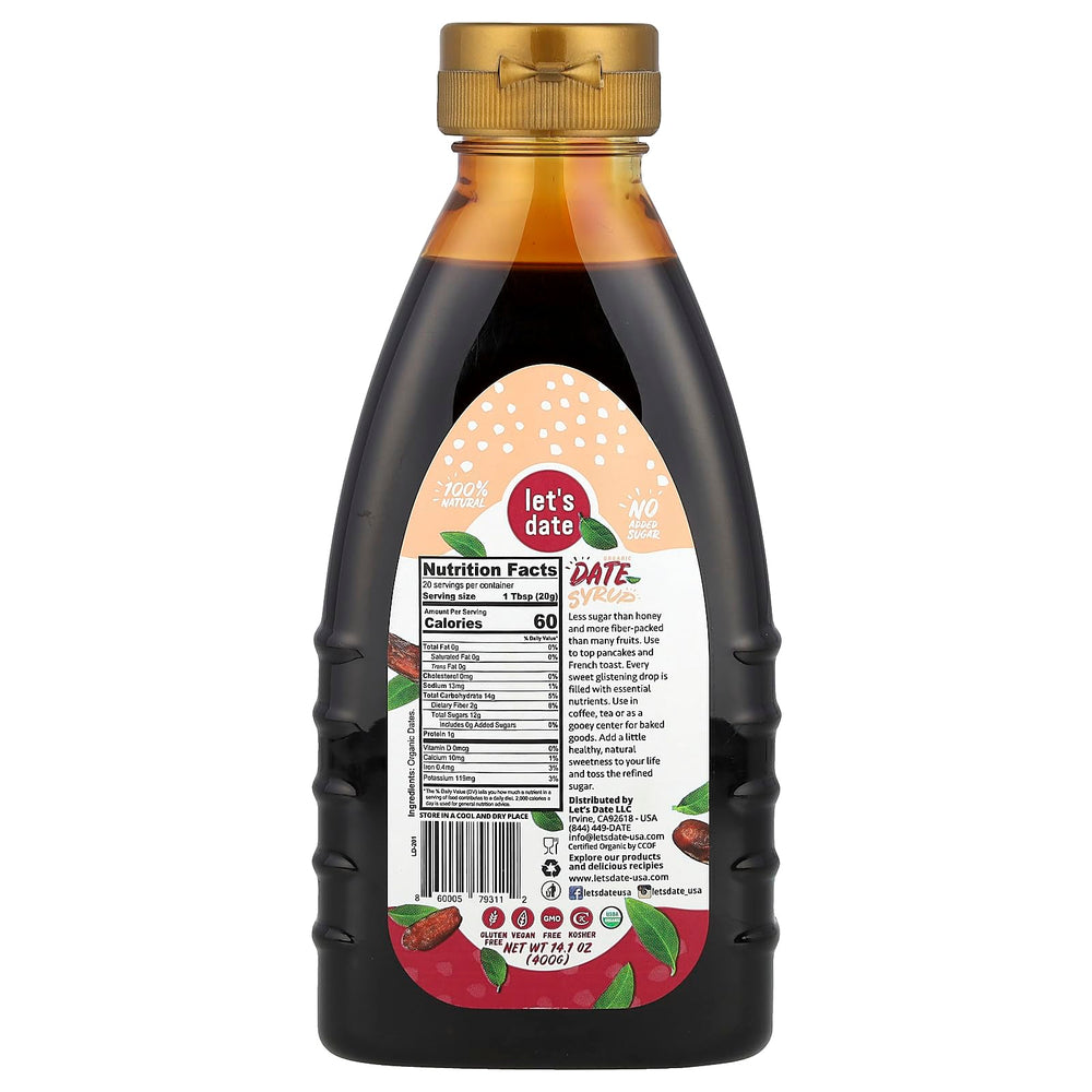Close-up of Let’s Date date syrup bottle highlighting pure sweetness for desserts