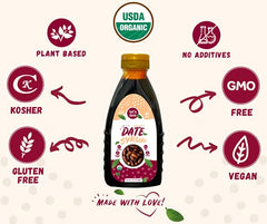 Bottled date syrup over yogurt with berries as a healthier topping
