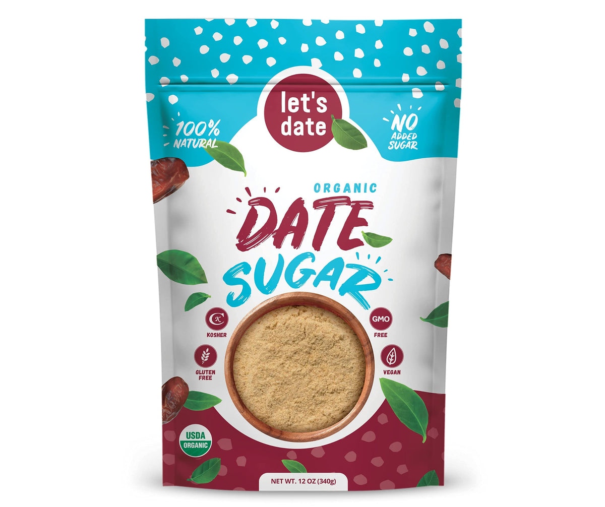 Let’s Date organic date sugar packaging shows preservative-free sweetness for baking.