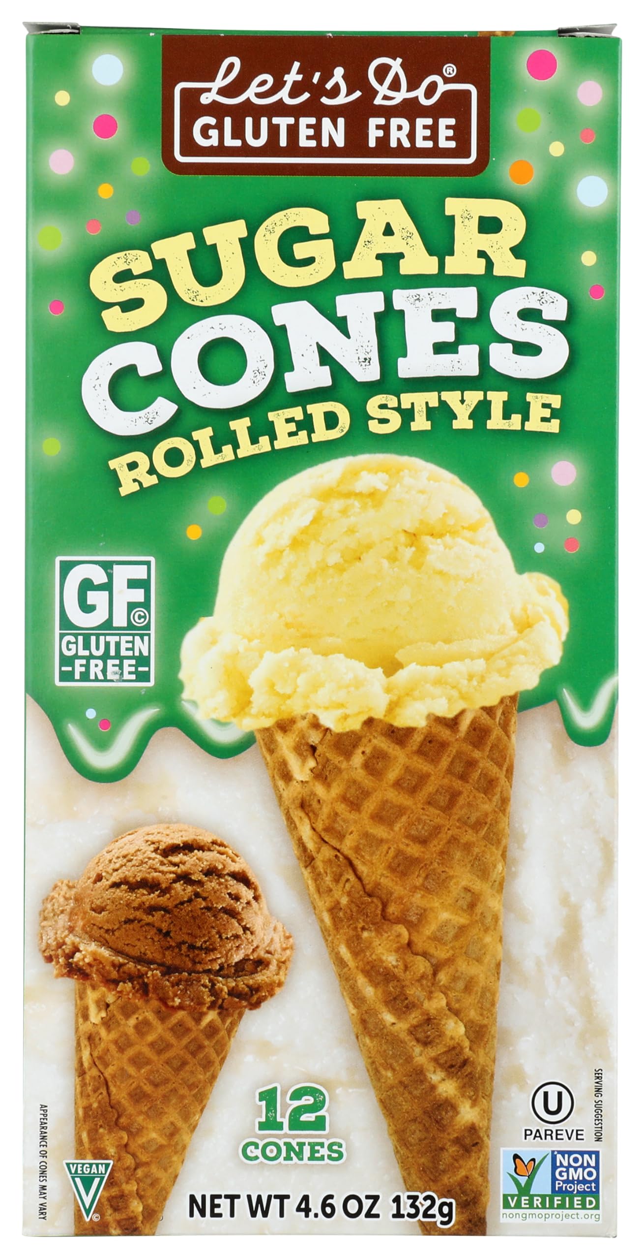 Let's Do Gluten Free Sugar Cones Rolled Style packaging on shelf, convenient for gluten-free dessert prep.