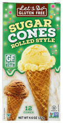 Let's Do Gluten Free Sugar Cones Rolled Style packaging on shelf, convenient for gluten-free dessert prep.