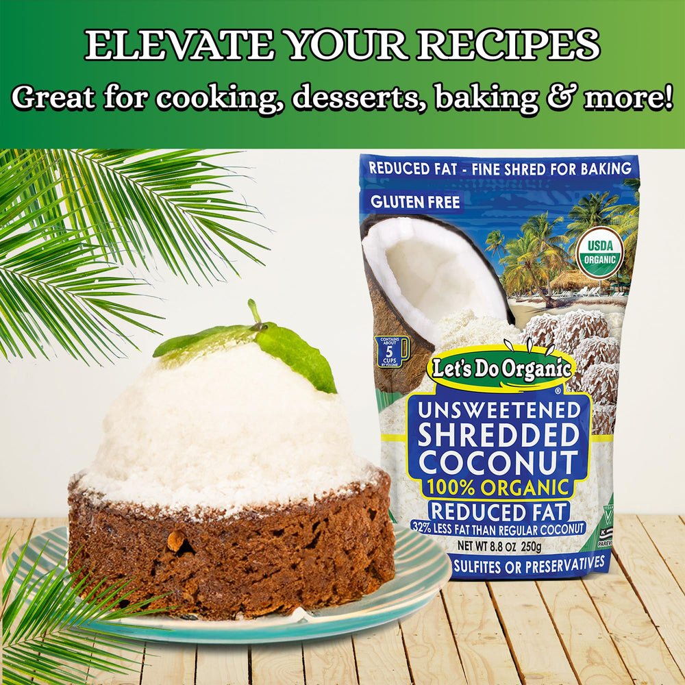 Let's Do Organic shredded coconut unsweetened bag close-up, rich texture for recipes.