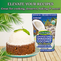 Let's Do Organic shredded coconut unsweetened bag close-up, rich texture for recipes.